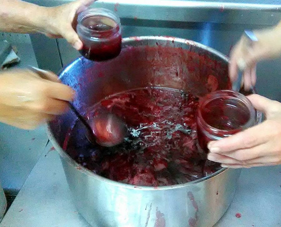 close-up of women filling jars with marmalade with ladles at 'Agios Antonios Women’s Agri Cooperative' plant